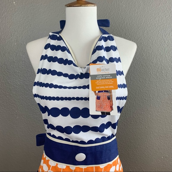 MuKitchen 100% cotton apron orange blue white - Picture 2 of 10